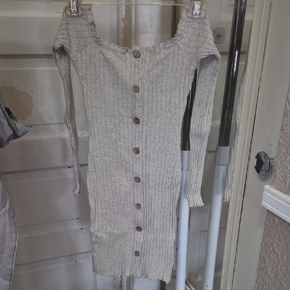 Light Gray Ribbed Button-Front Women's Sweater Dress